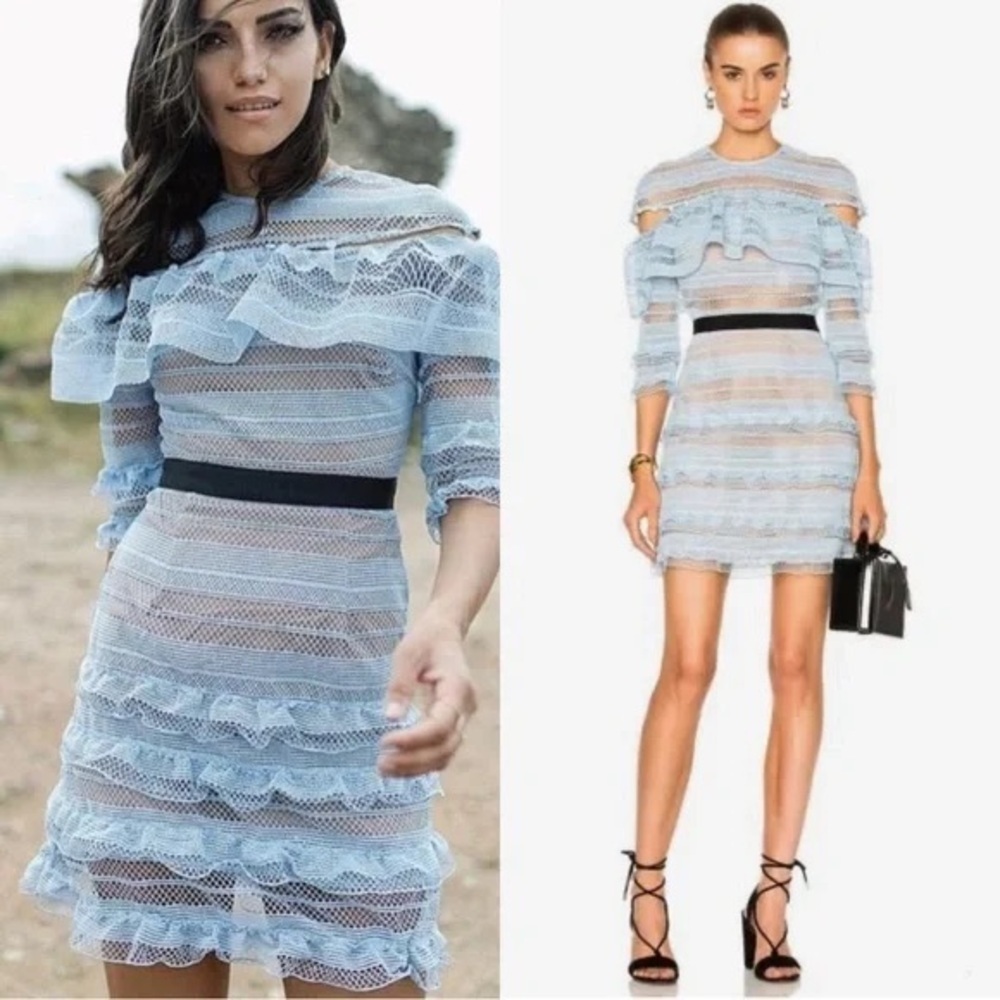 Self-Portrait Light Blue Stripe Grid Lace Mini Dress